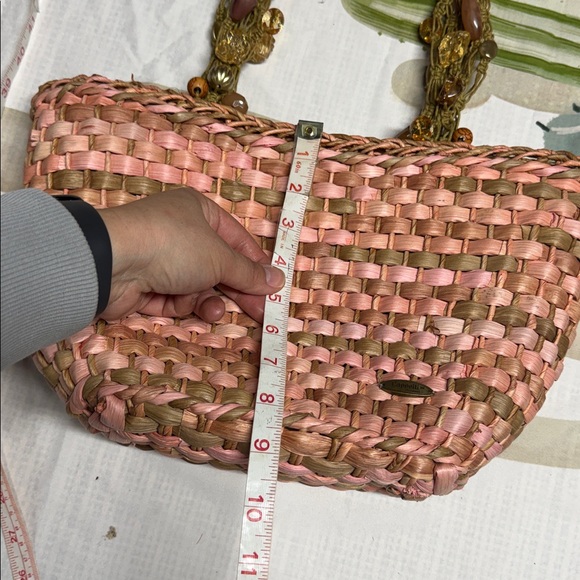 Cappelli Straworld woven straw tote bag with beaded handles Pink medium Y2K - Picture 6 of 8